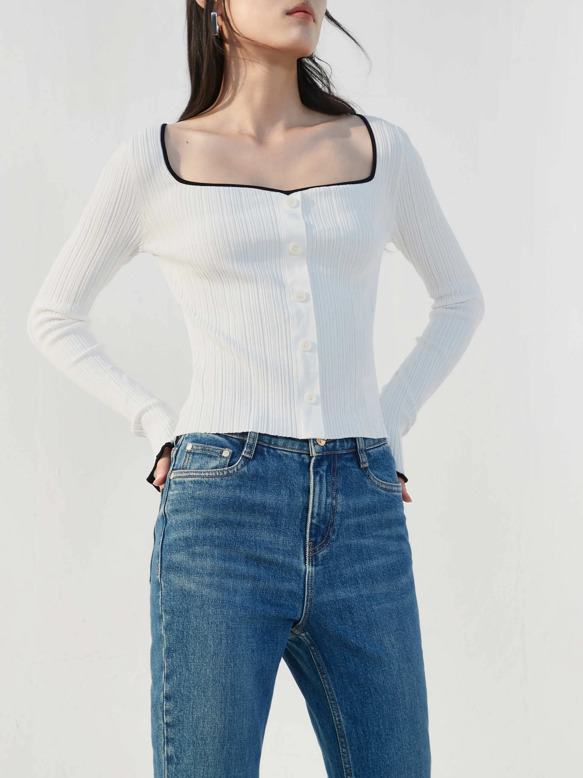 Heart Neckline Ribbed Knit Top