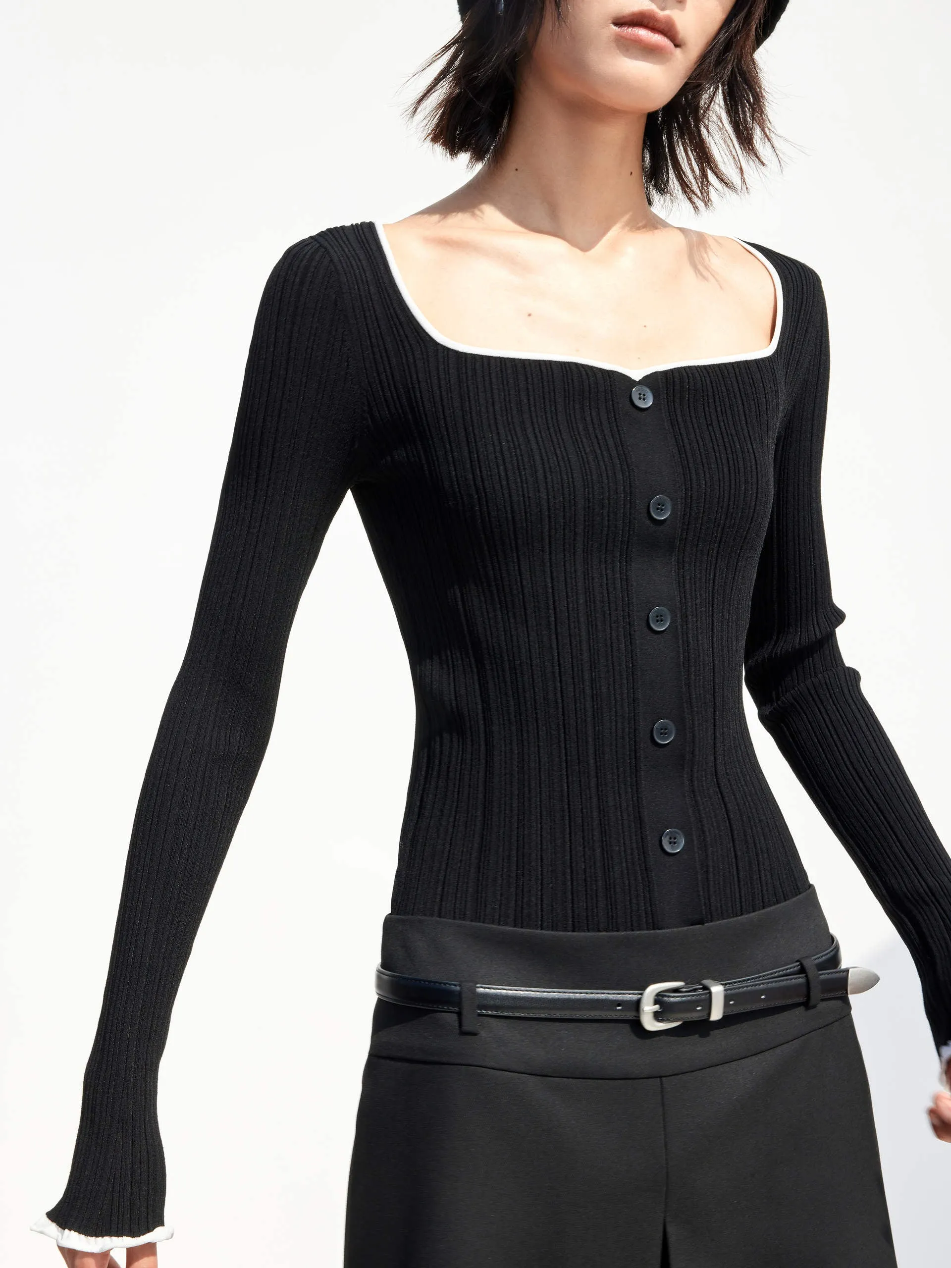 Heart Neckline Ribbed Knit Top