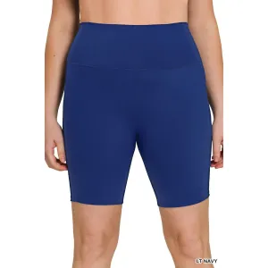 High Rise Wide Waistband Biker Shorts In Light Navy
