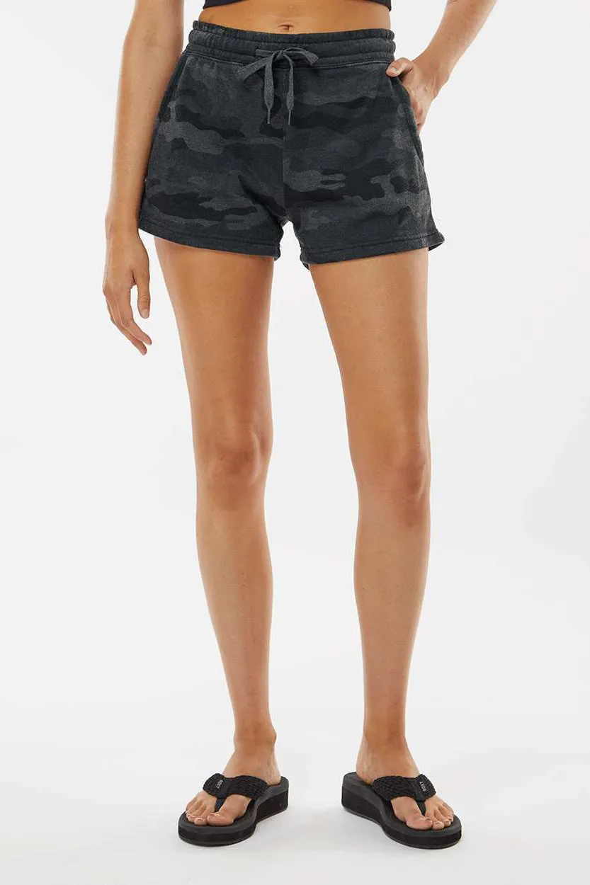 Independent Trading Company Womens California Wave Wash Fleece Shorts w/ Pockets - Heather Black Camo