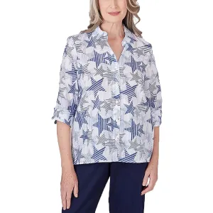 Juniors Womens Printed Polyester Button-Down Top