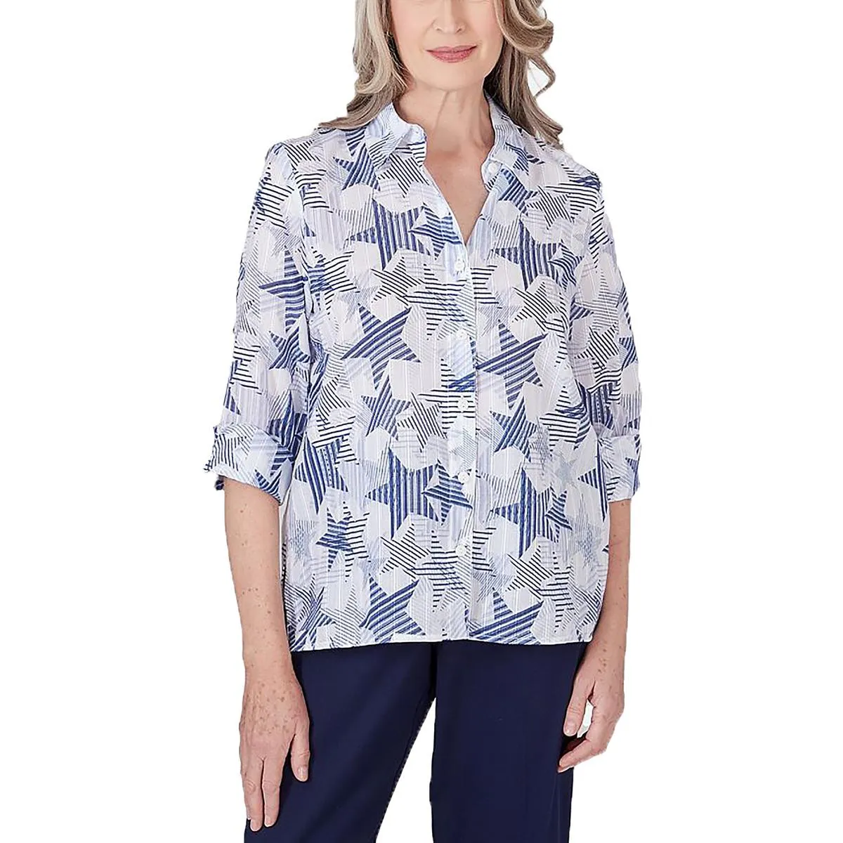 Juniors Womens Printed Polyester Button-Down Top