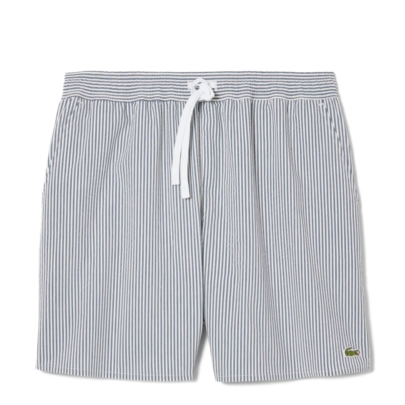 Lacoste Mid Length Striped Textured Swim Trunks White/Navy