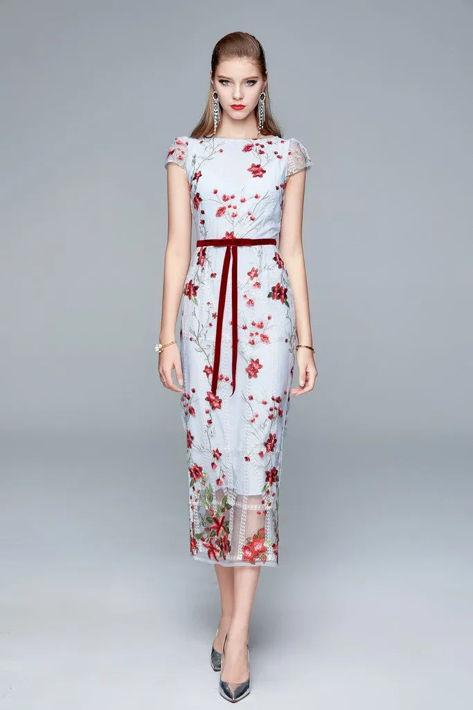 Light blue & Multicolor floral print Day Fitted Boatneck Short Sleeve Midi Floral Dress