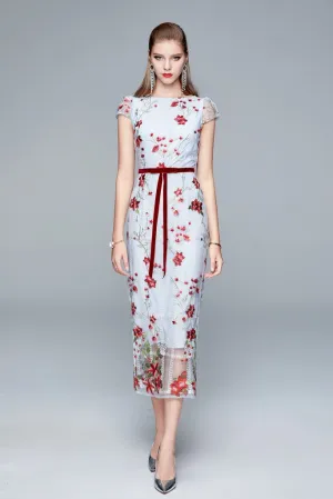 Light blue & Multicolor floral print Day Fitted Boatneck Short Sleeve Midi Floral Dress