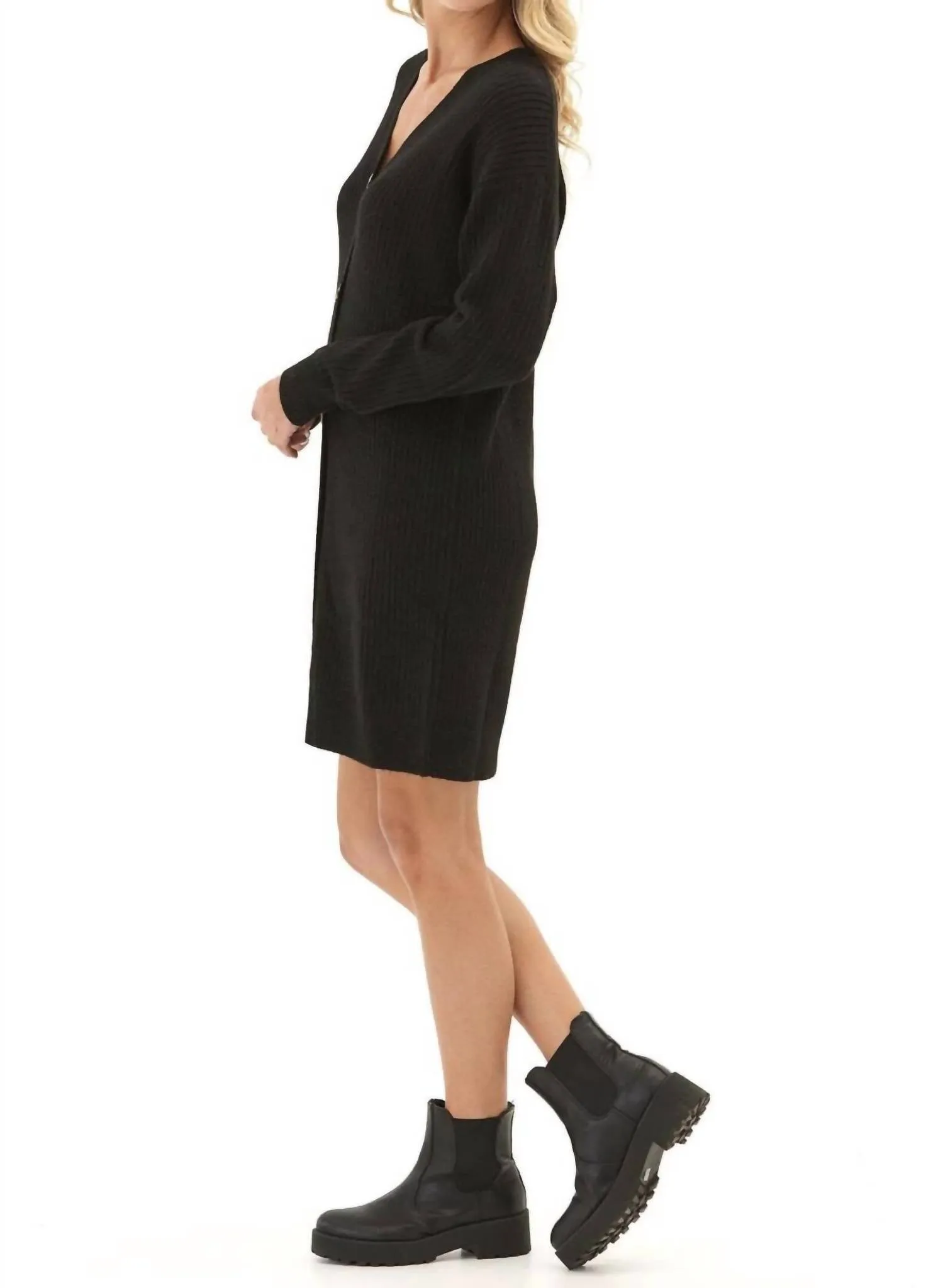 Lilianna Cozy Rib Cardigan Sweater Dress In Black