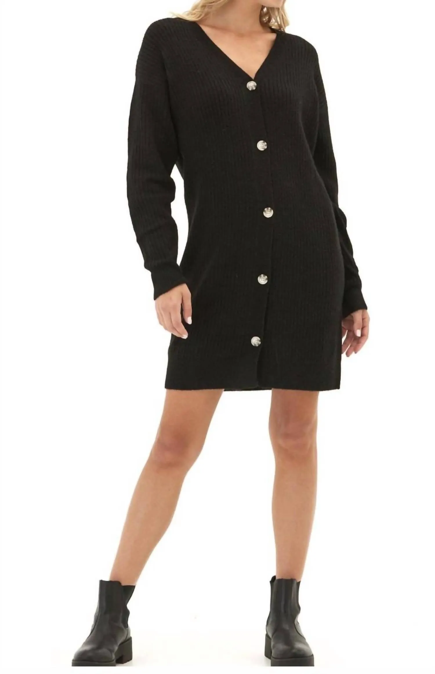 Lilianna Cozy Rib Cardigan Sweater Dress In Black