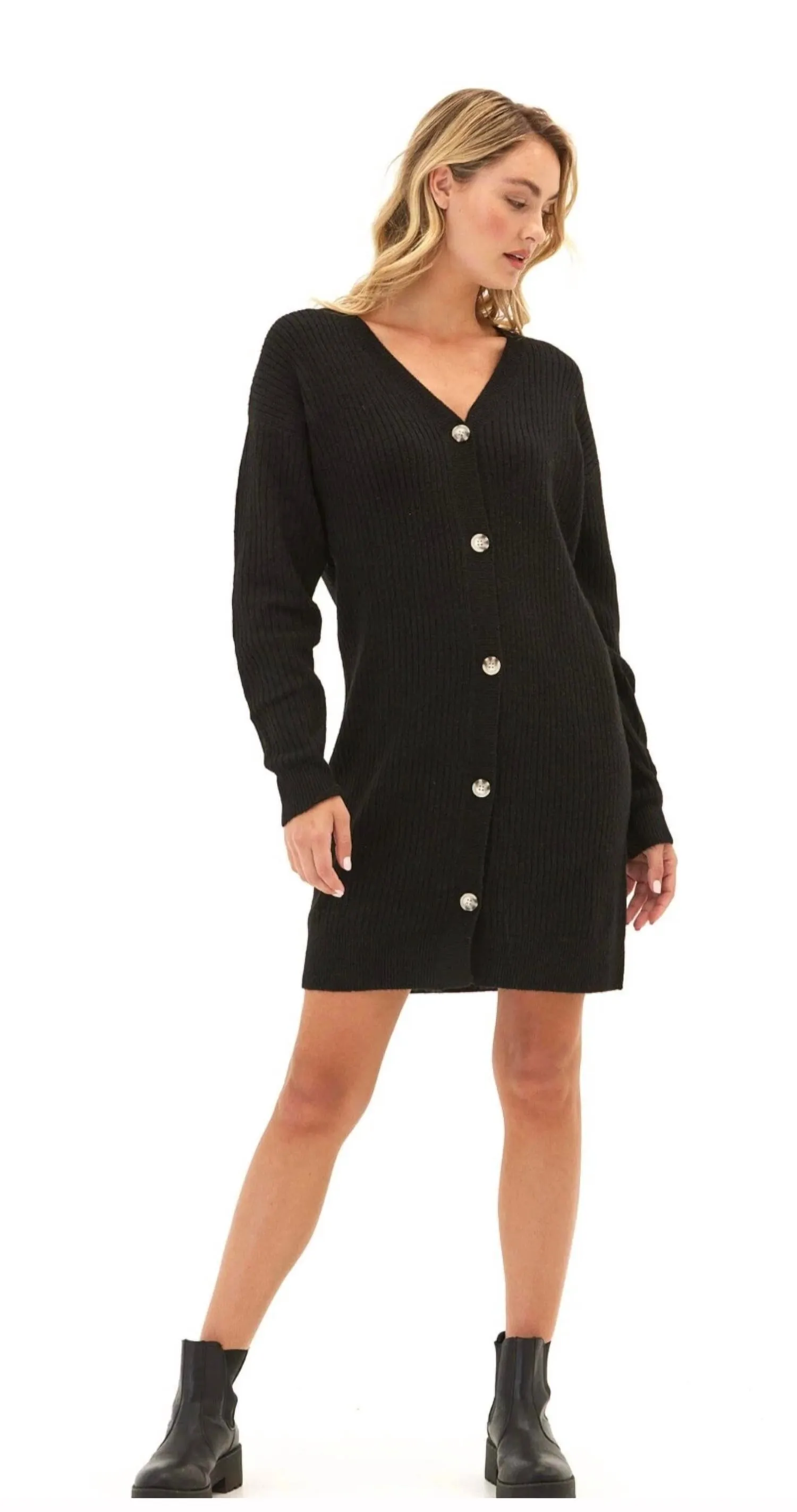 Lilianna Cozy Rib Cardigan Sweater Dress In Black