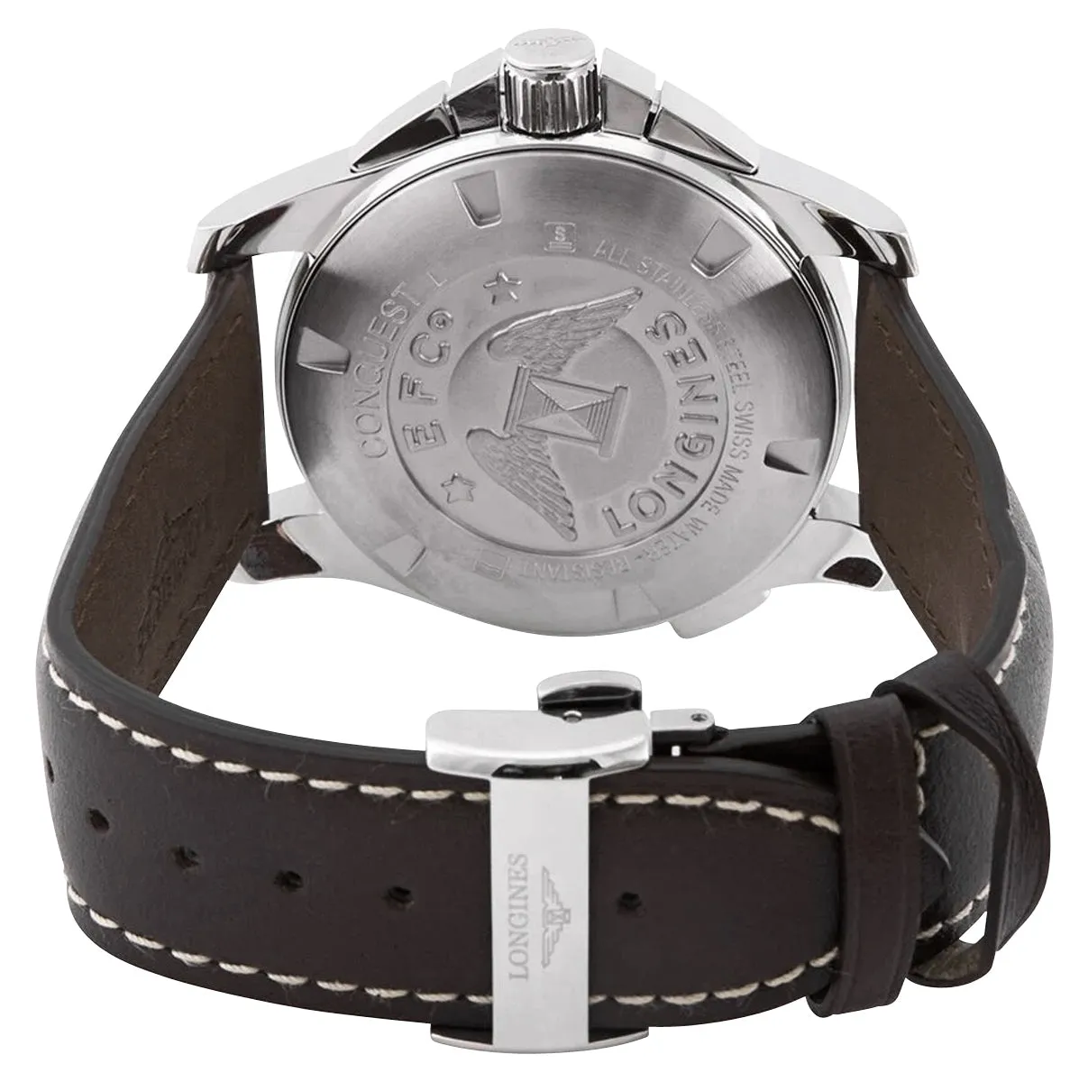 Longines Conquest Chronograph Stainless Steel Silver Dial Brown Leather Strap Date Divers Quartz Mens Watch L3.702.4.76.5 Longines Watches