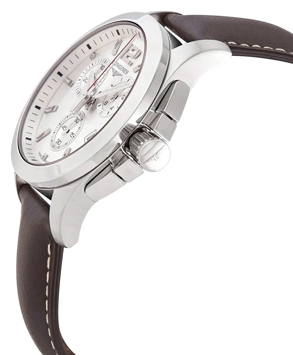 Longines Conquest Chronograph Stainless Steel Silver Dial Brown Leather Strap Date Divers Quartz Mens Watch L3.702.4.76.5 Longines Watches