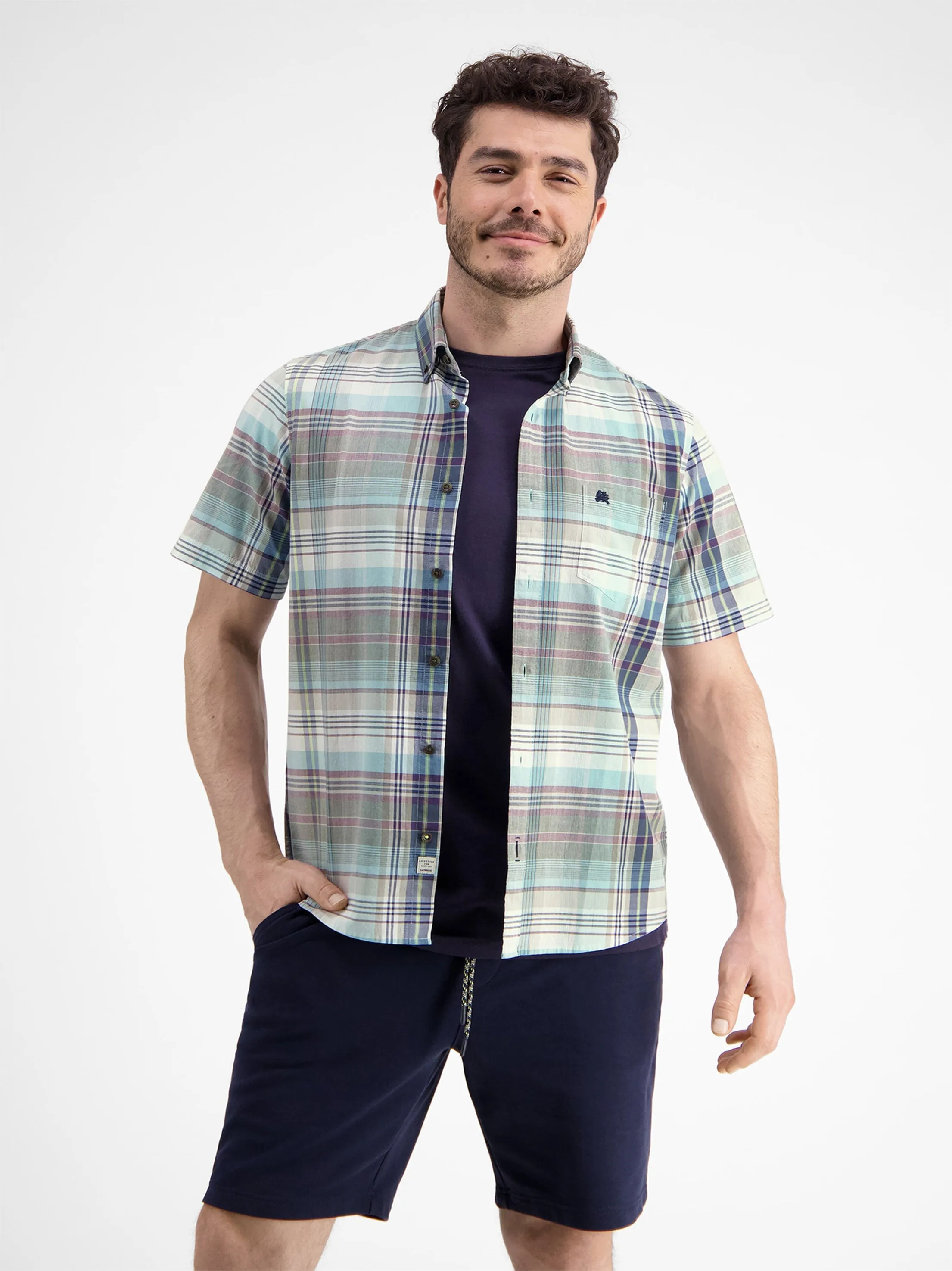 Men's Brand Logo Embroidered Plaid Dress Shirt,Multi