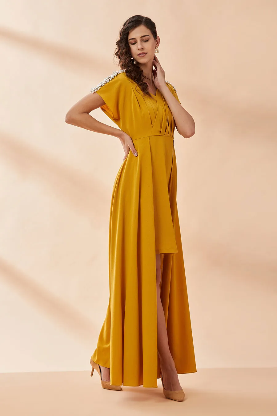 Mustard Pearl Pleated Drape Dress