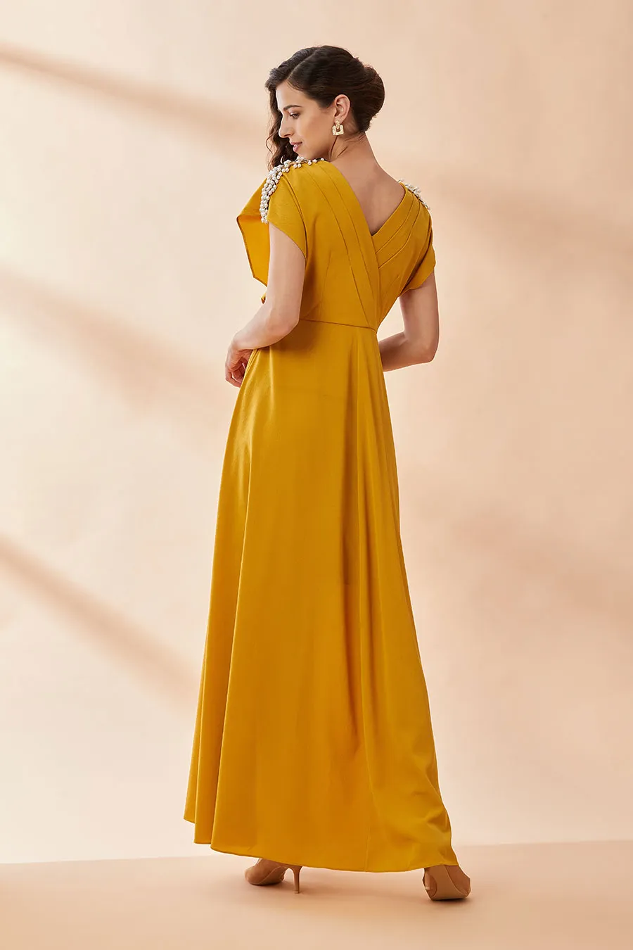 Mustard Pearl Pleated Drape Dress