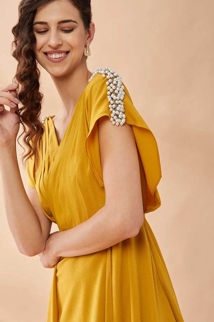 Mustard Pearl Pleated Drape Dress