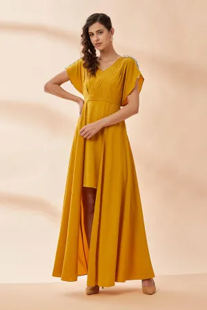 Mustard Pearl Pleated Drape Dress
