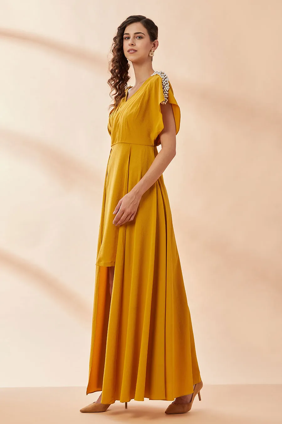 Mustard Pearl Pleated Drape Dress