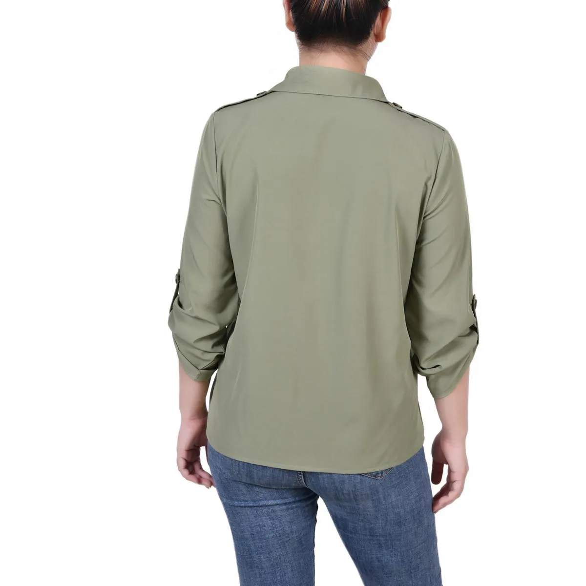 Petites Womens Collared Pocket Button-Down Top
