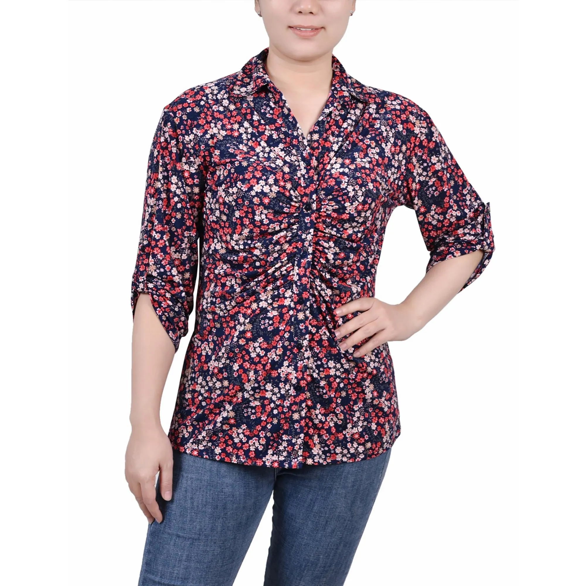 Petites Womens Floral Print Button-Down Top
