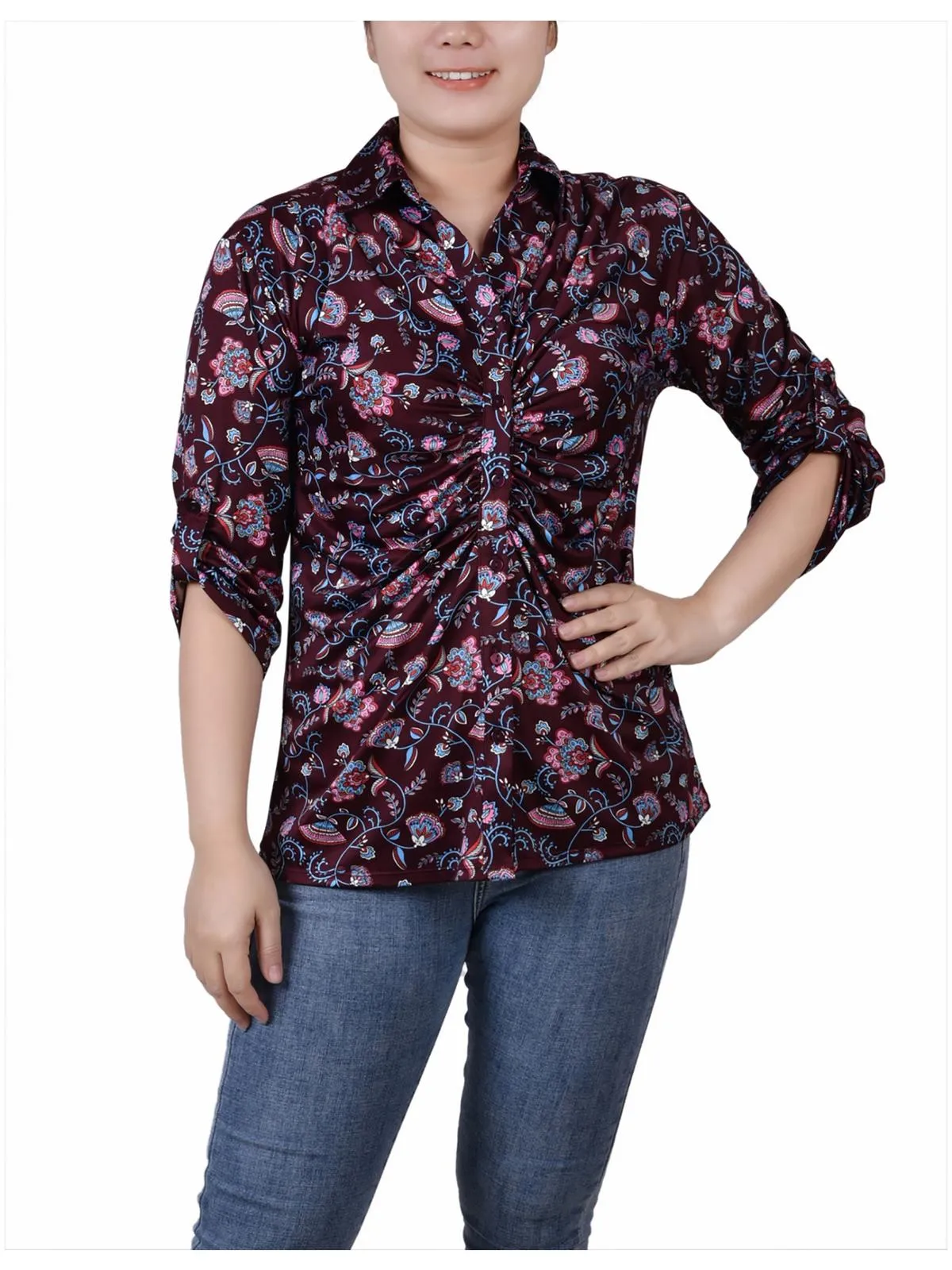 Petites Womens Floral Print Button-Down Top