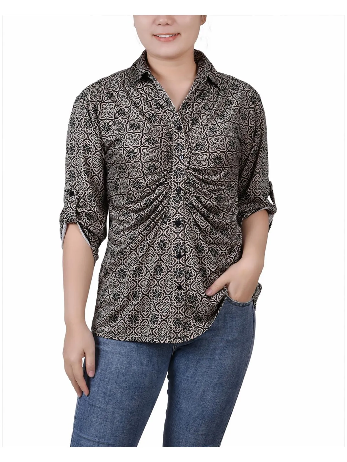 Petites Womens Floral Print Button-Down Top