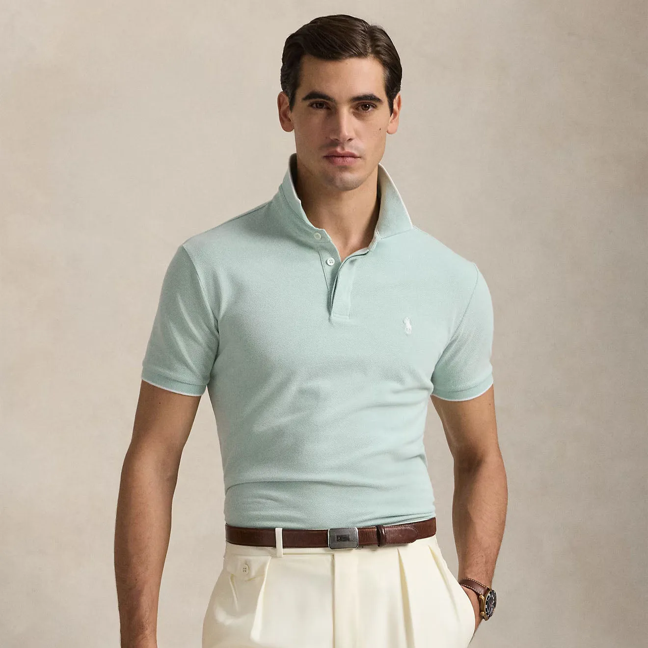 Polo Ralph Lauren Custom Slim Fit Stretch Oxford Mesh Polo Celadon/White