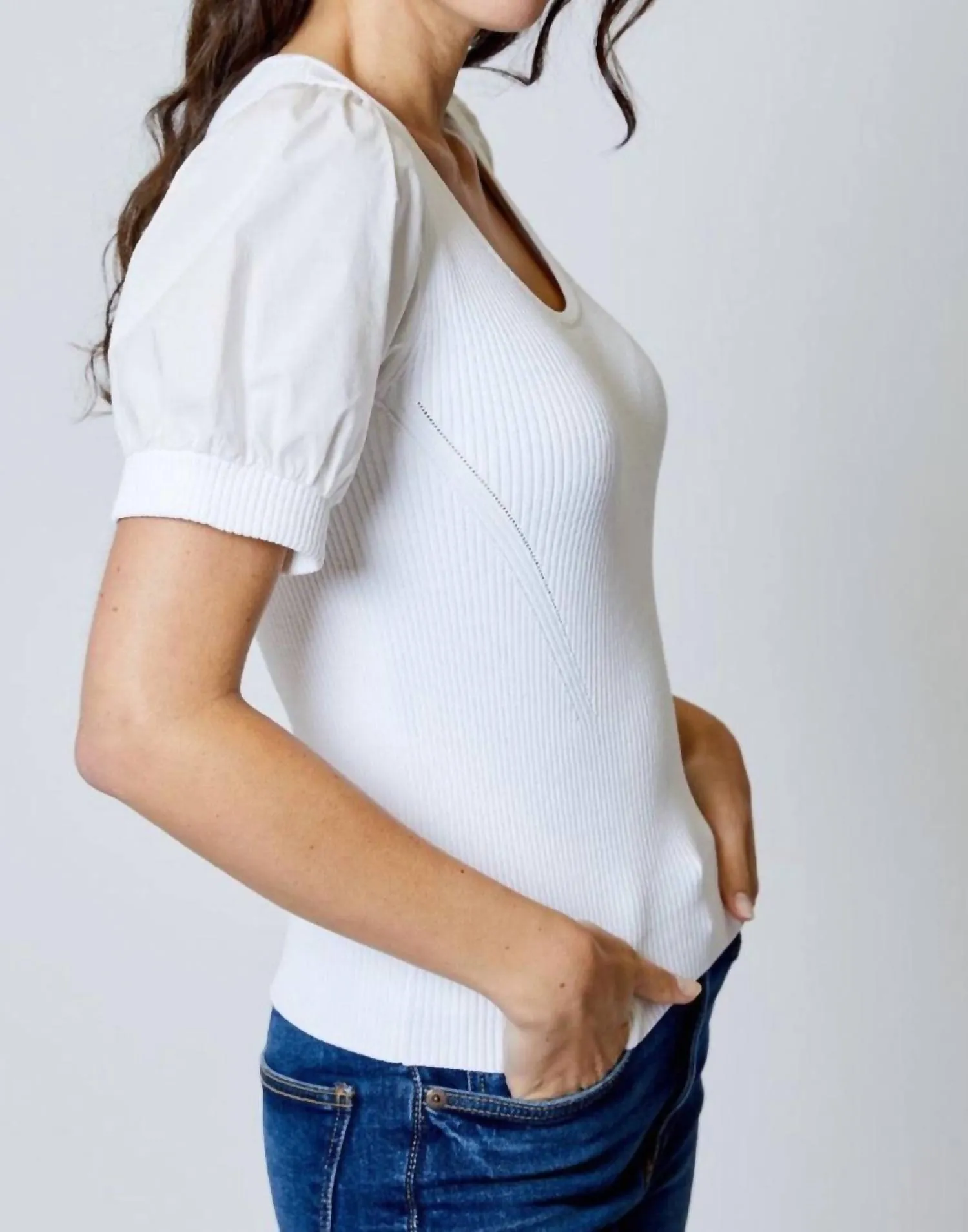 Puff Sleeve Knit Top In White