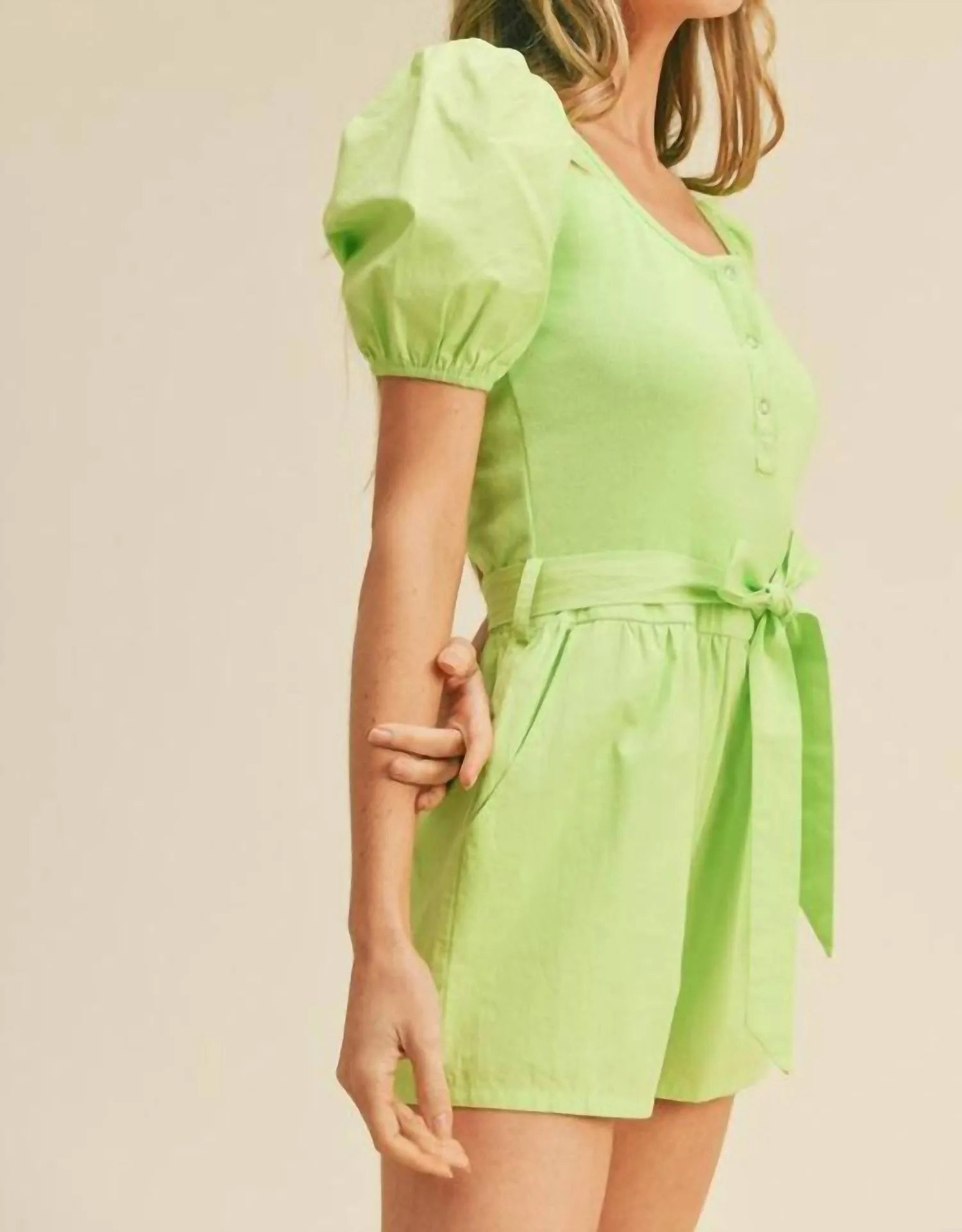 Puff Sleeve Romper In Apple Green