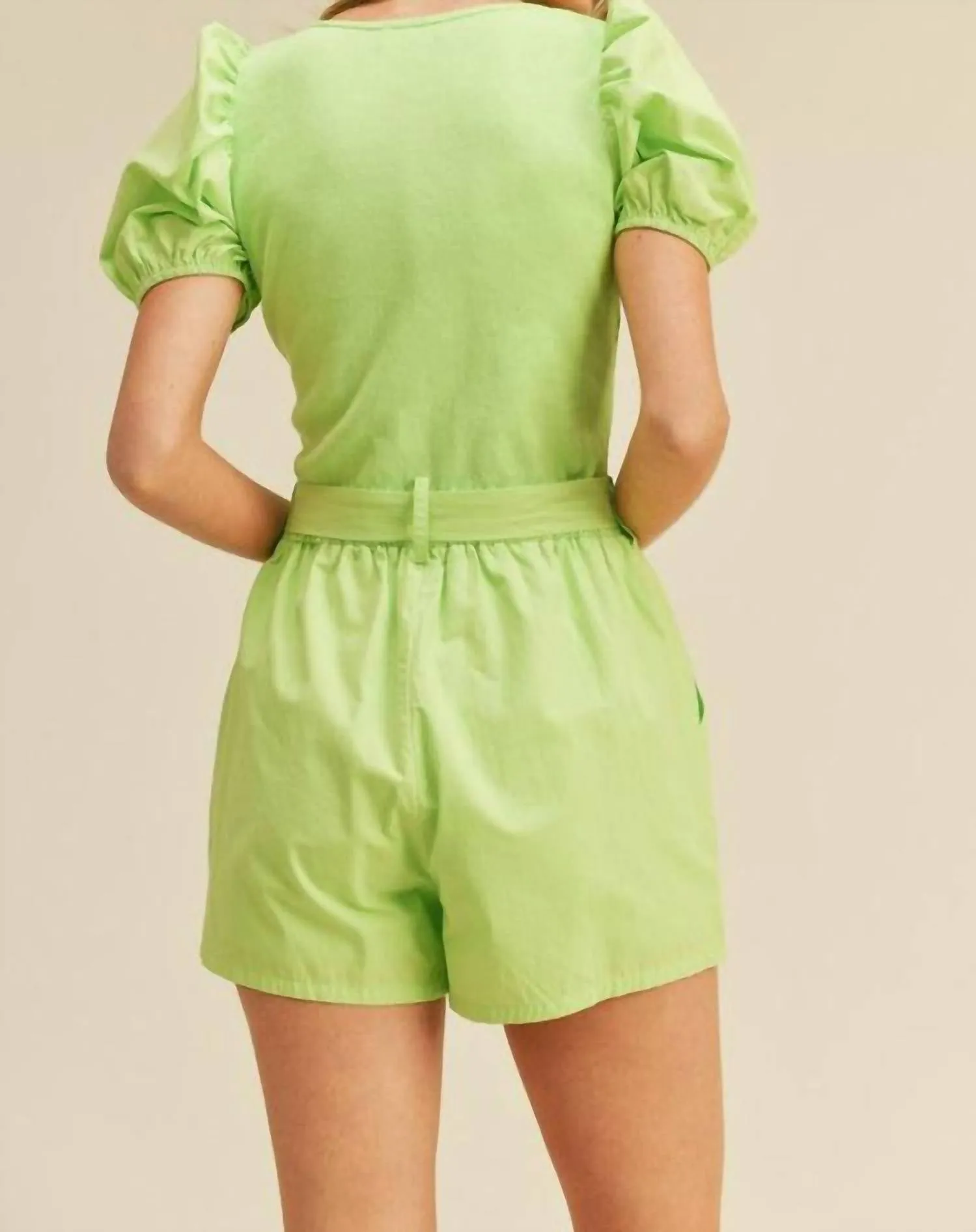 Puff Sleeve Romper In Apple Green