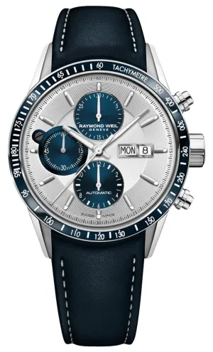 Raymond Weil Freelancer Automatic Chronograph Stainless Steel Silver Dial Blue Leather Strap Day/Date Mens Watch 7731-SC3-65521 Raymond Weil Watches
