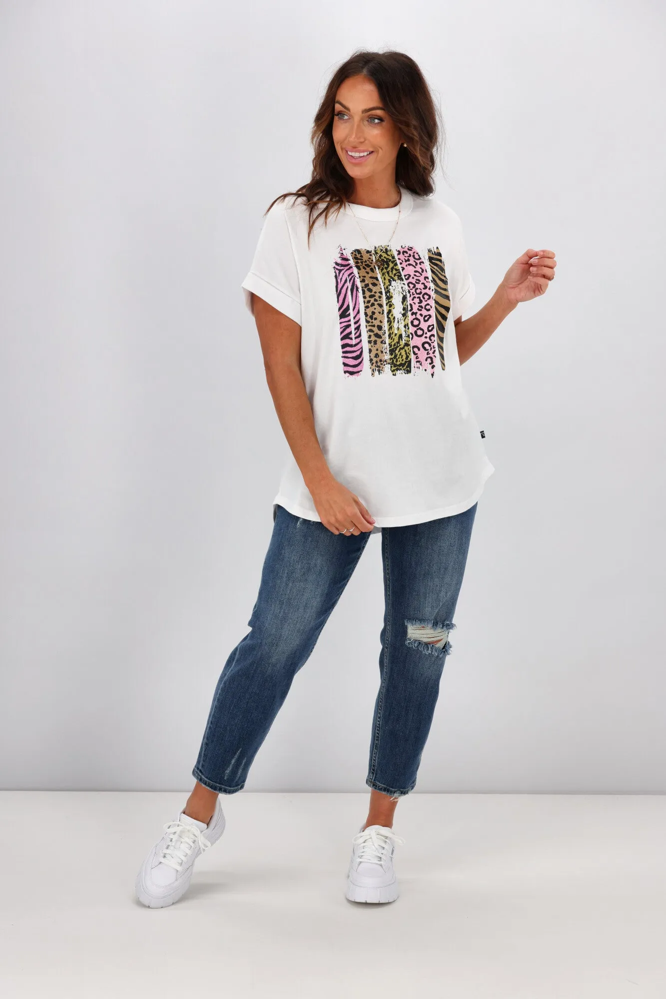 Rebel Club By Shine On Animal Stripe Cap Sleeve Tee White
