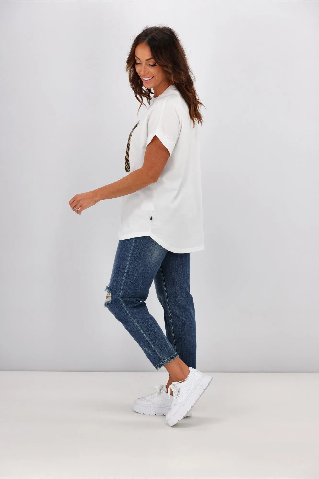Rebel Club By Shine On Animal Stripe Cap Sleeve Tee White
