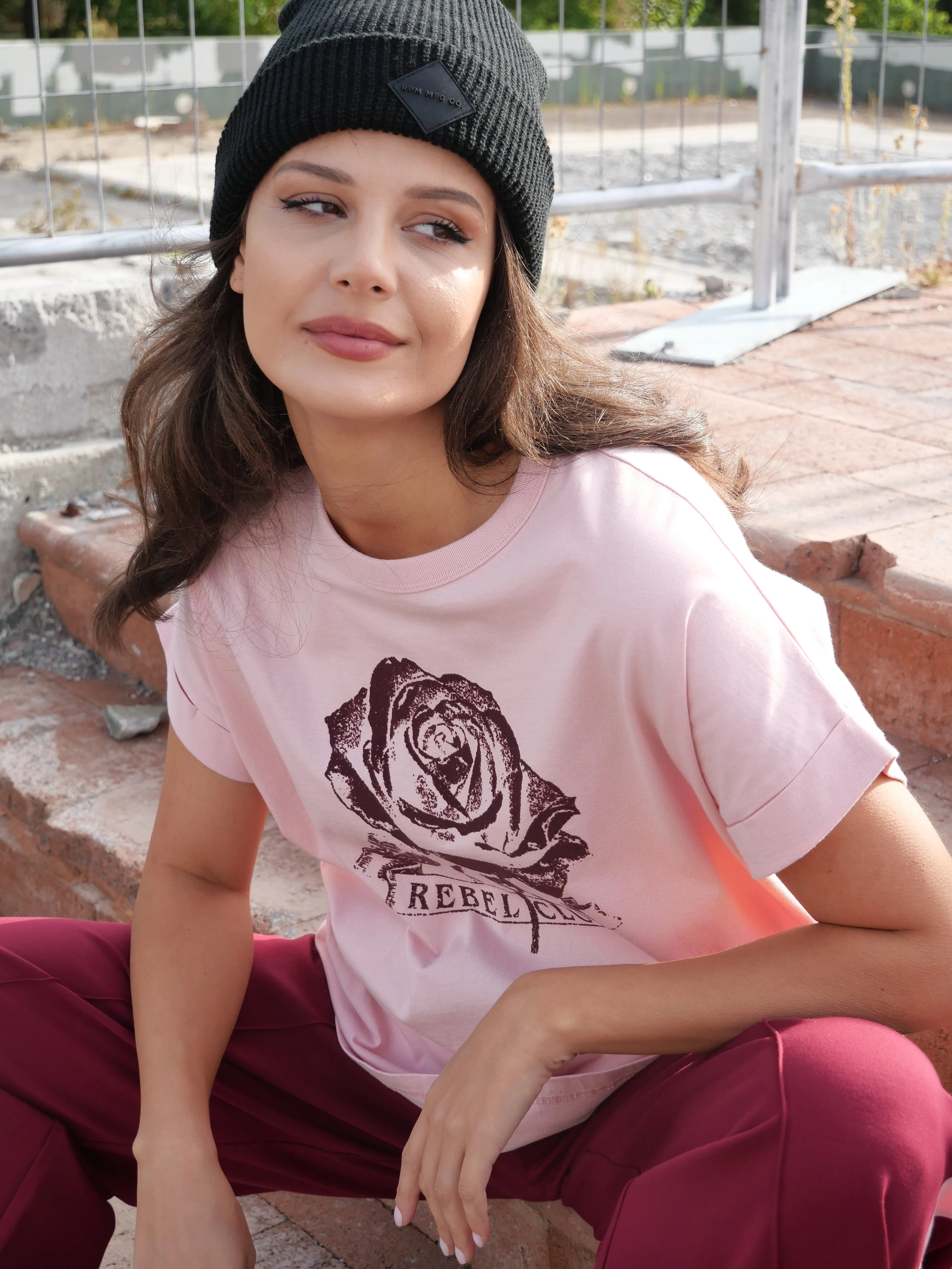 Rebel Club Merlot Rose Capsleeve Tee Pink