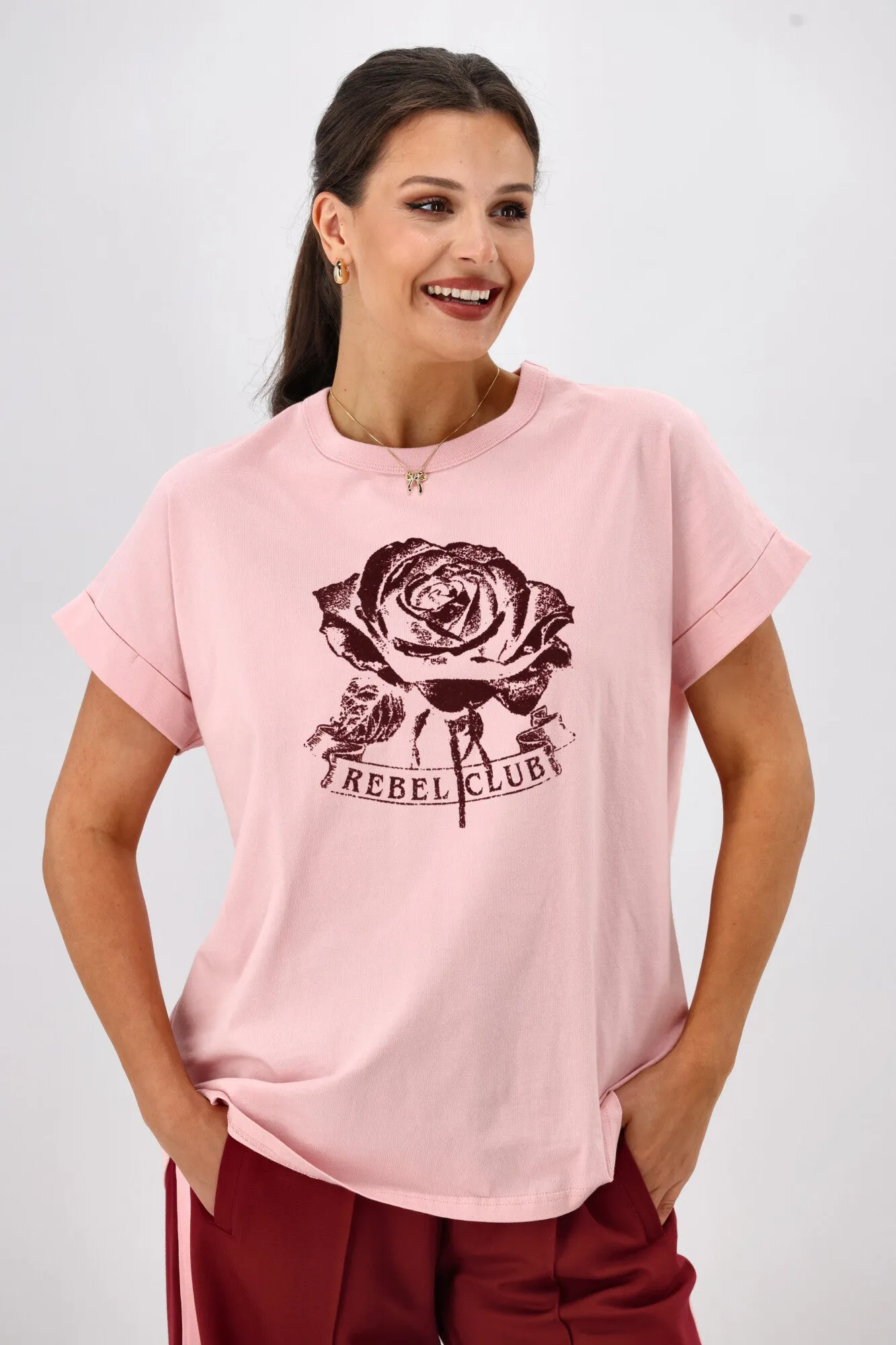 Rebel Club Merlot Rose Capsleeve Tee Pink