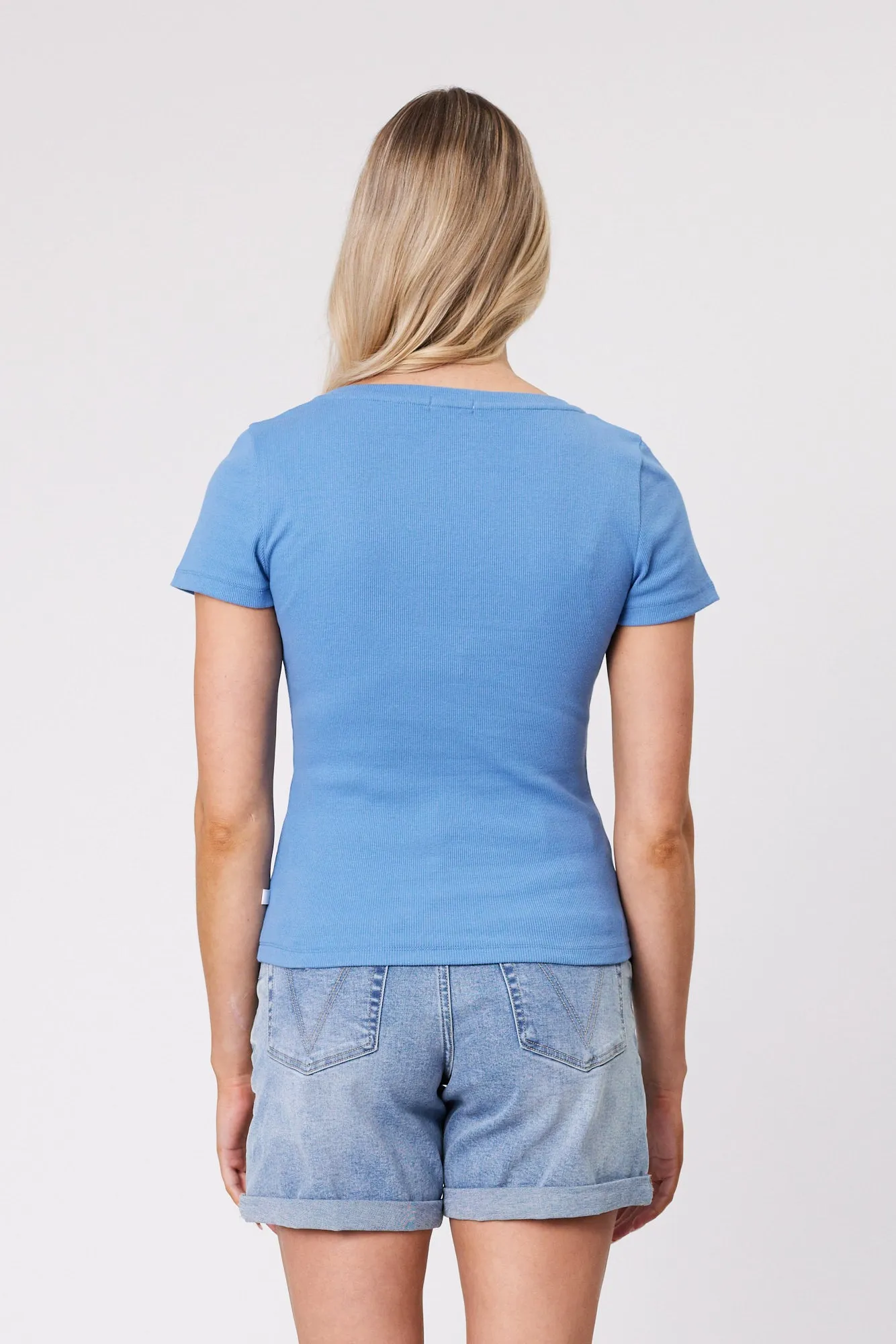 Shine On Essentials Rib V Neck Tee Blue