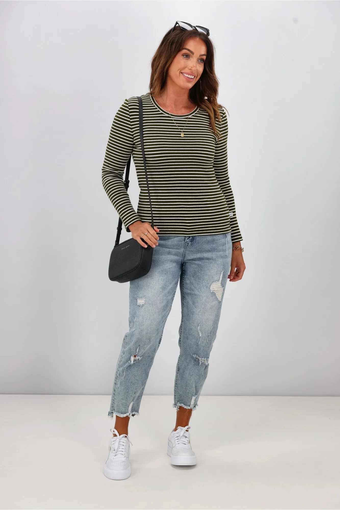 Shine On Essentials Stripe Rib Long Sleeve Olive and White