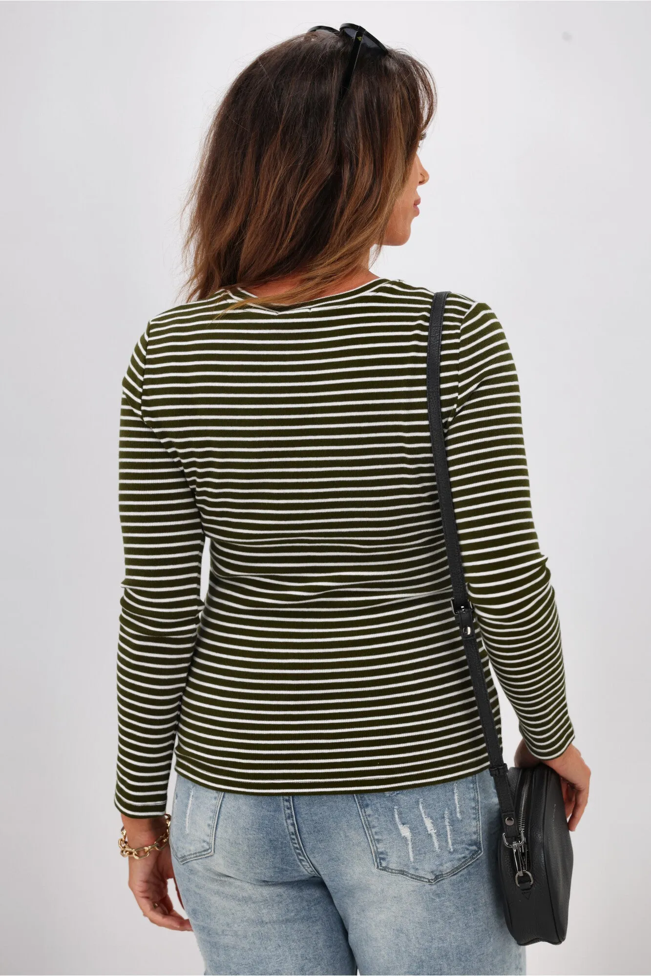 Shine On Essentials Stripe Rib Long Sleeve Olive and White