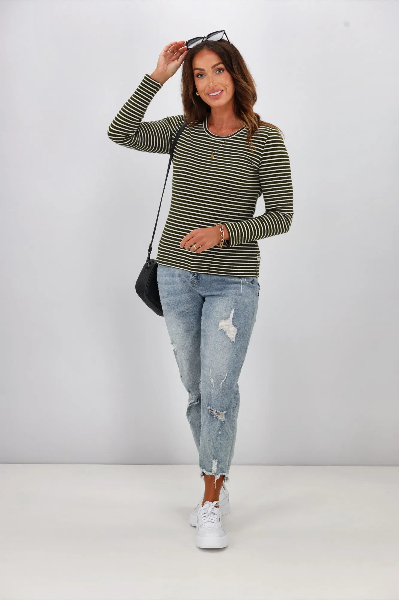 Shine On Essentials Stripe Rib Long Sleeve Olive and White
