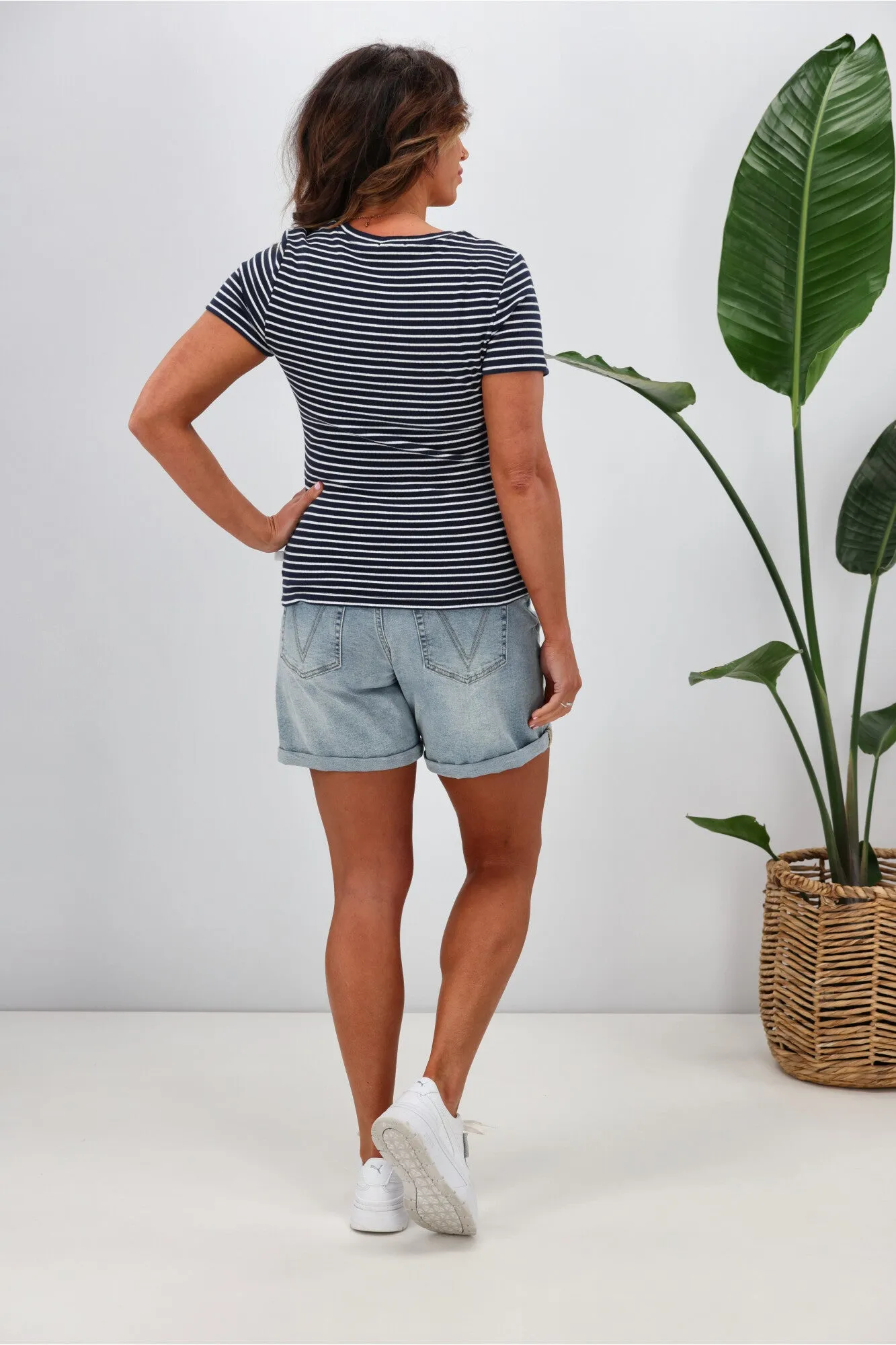 Shine On Essentials Stripe Rib Tee Navy White Stripe