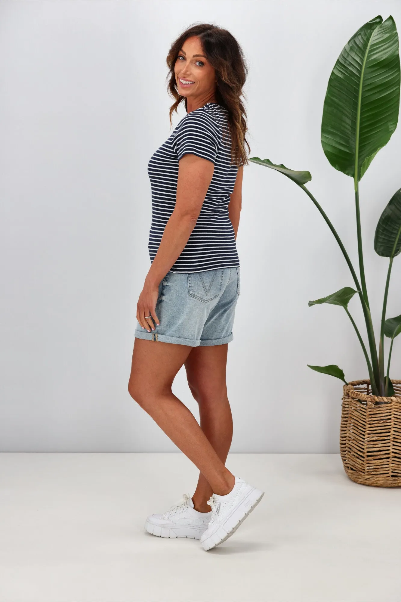 Shine On Essentials Stripe Rib Tee Navy White Stripe