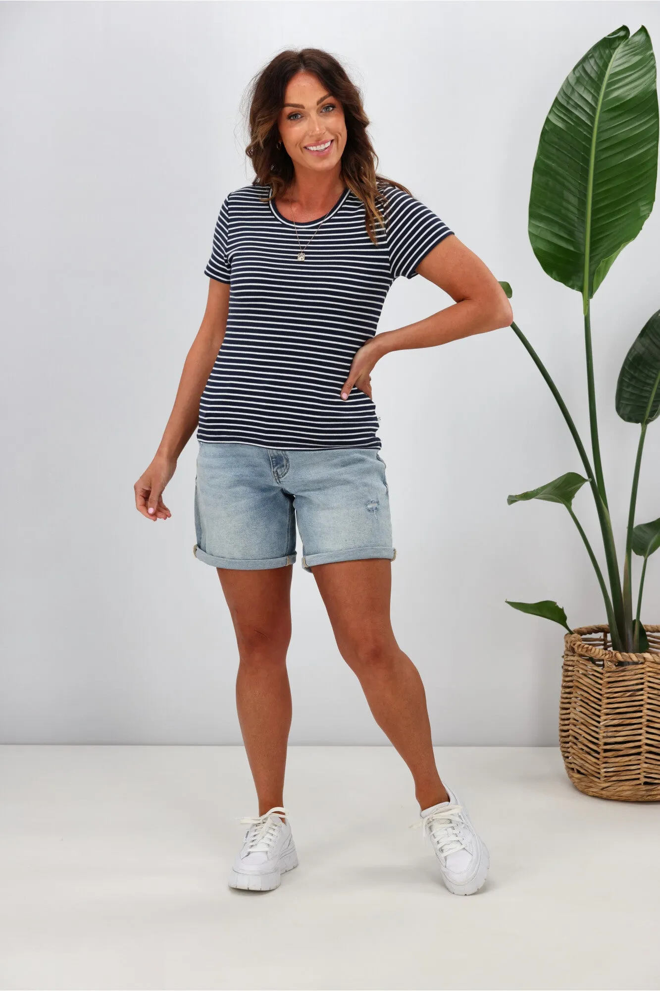 Shine On Essentials Stripe Rib Tee Navy White Stripe