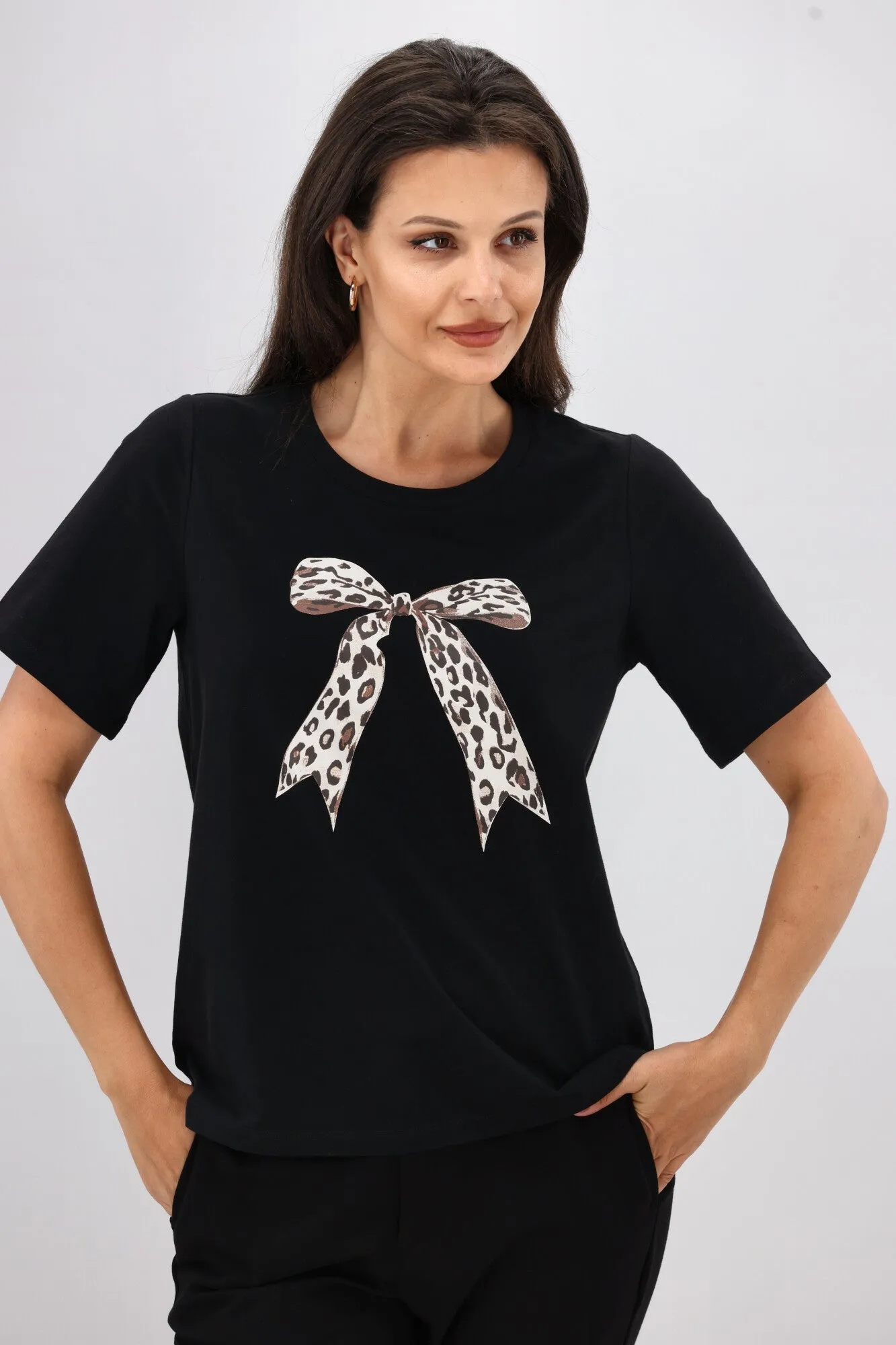 Shine On Label Animal Print Bow Tee Black