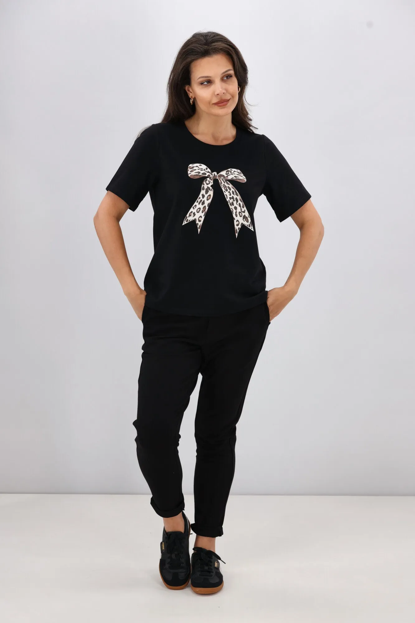Shine On Label Animal Print Bow Tee Black