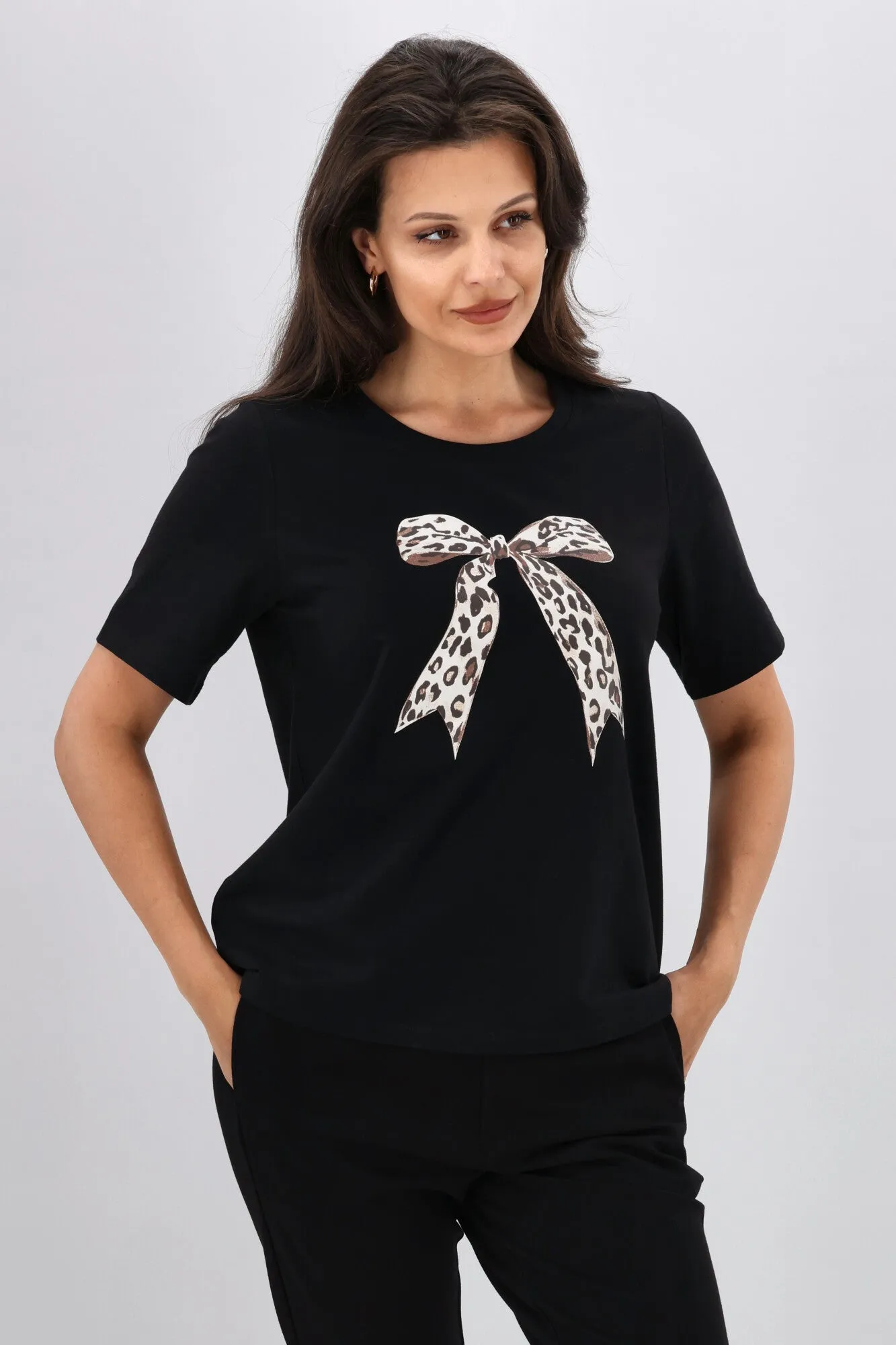 Shine On Label Animal Print Bow Tee Black