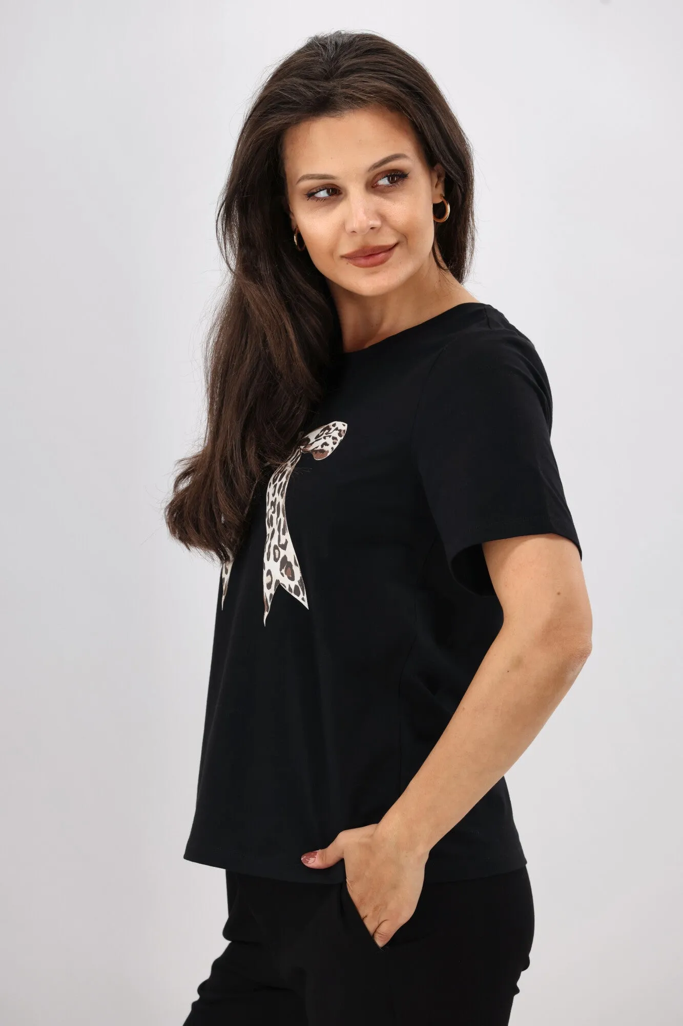 Shine On Label Animal Print Bow Tee Black
