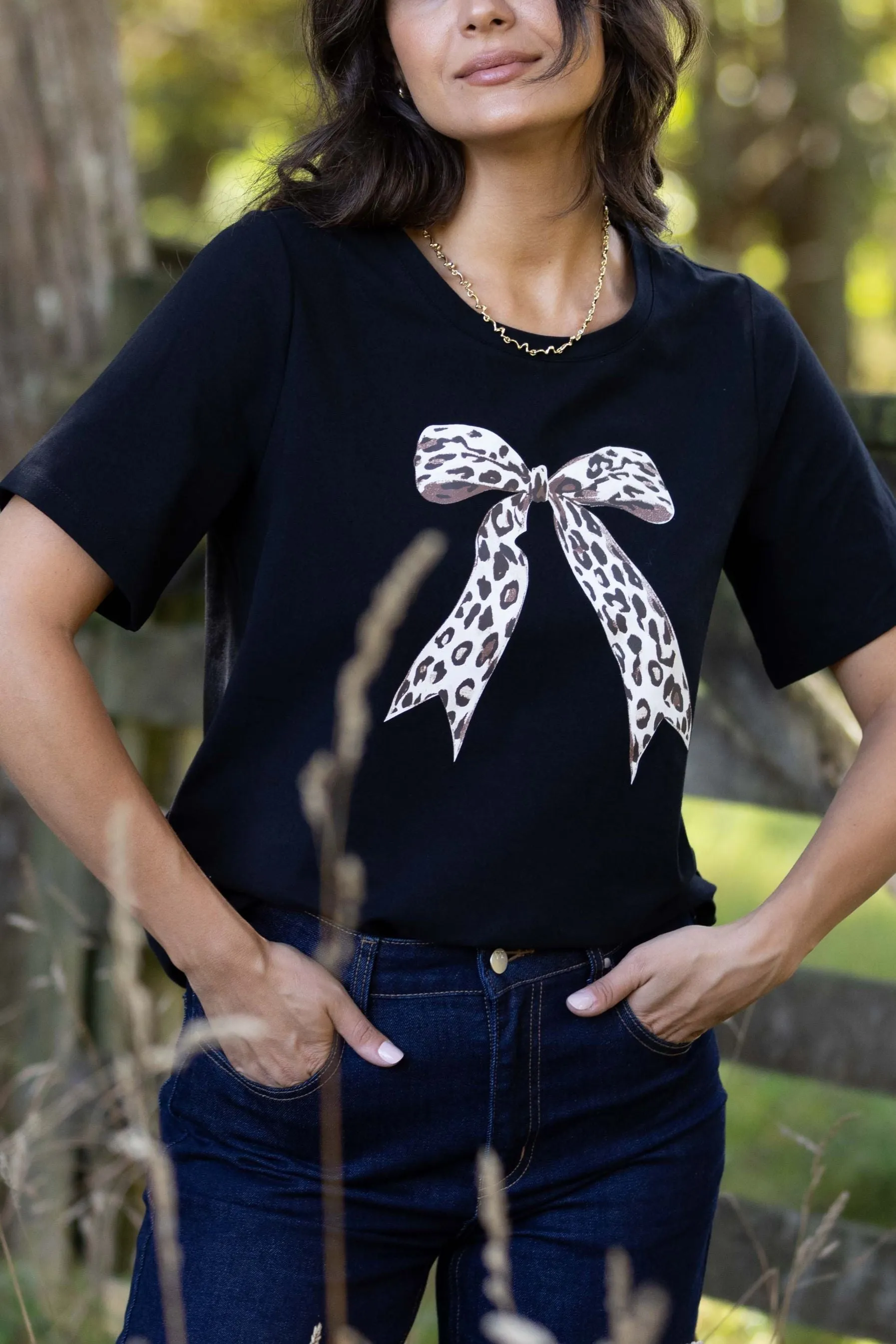 Shine On Label Animal Print Bow Tee Black