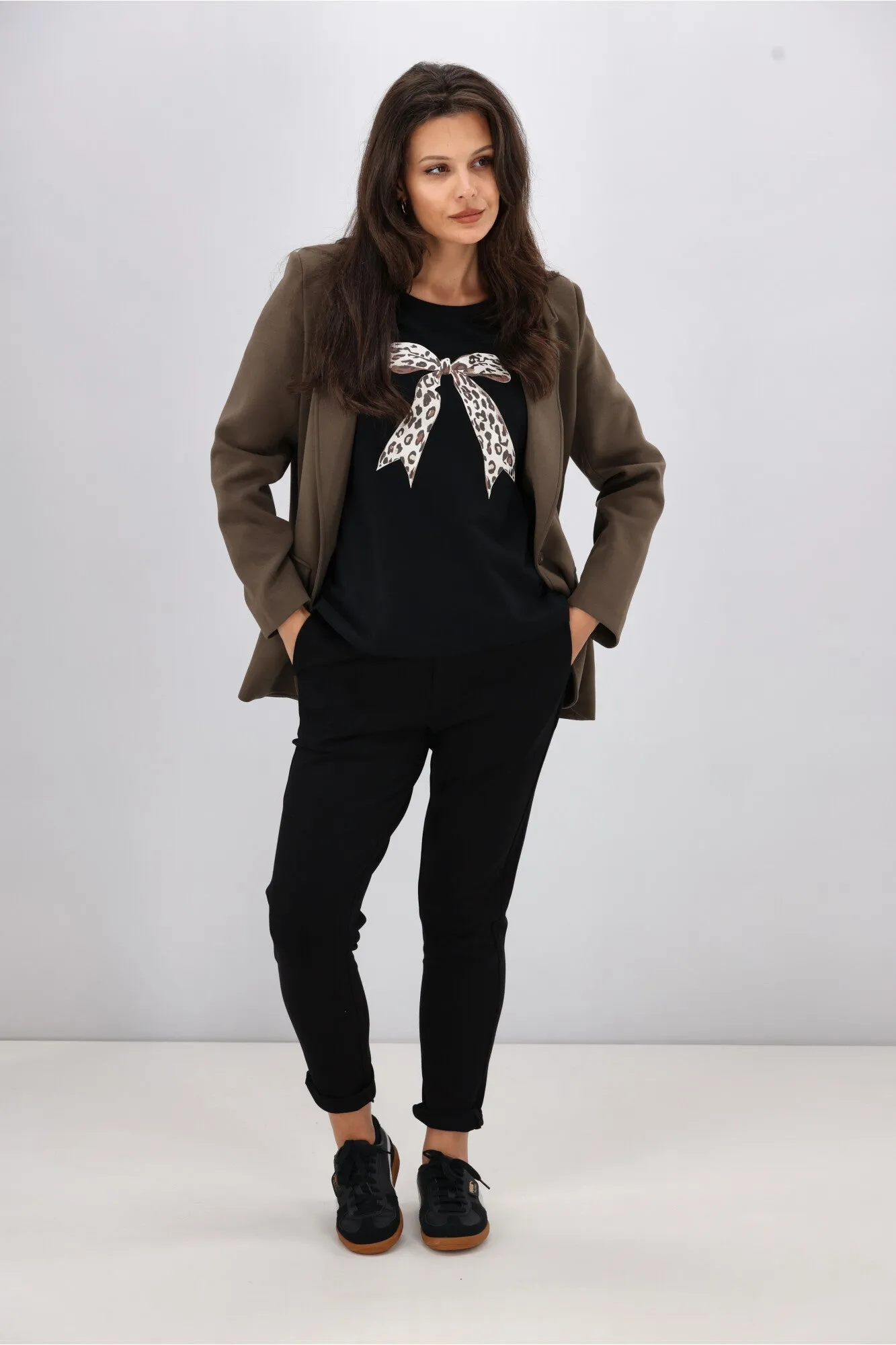 Shine On Label Animal Print Bow Tee Black