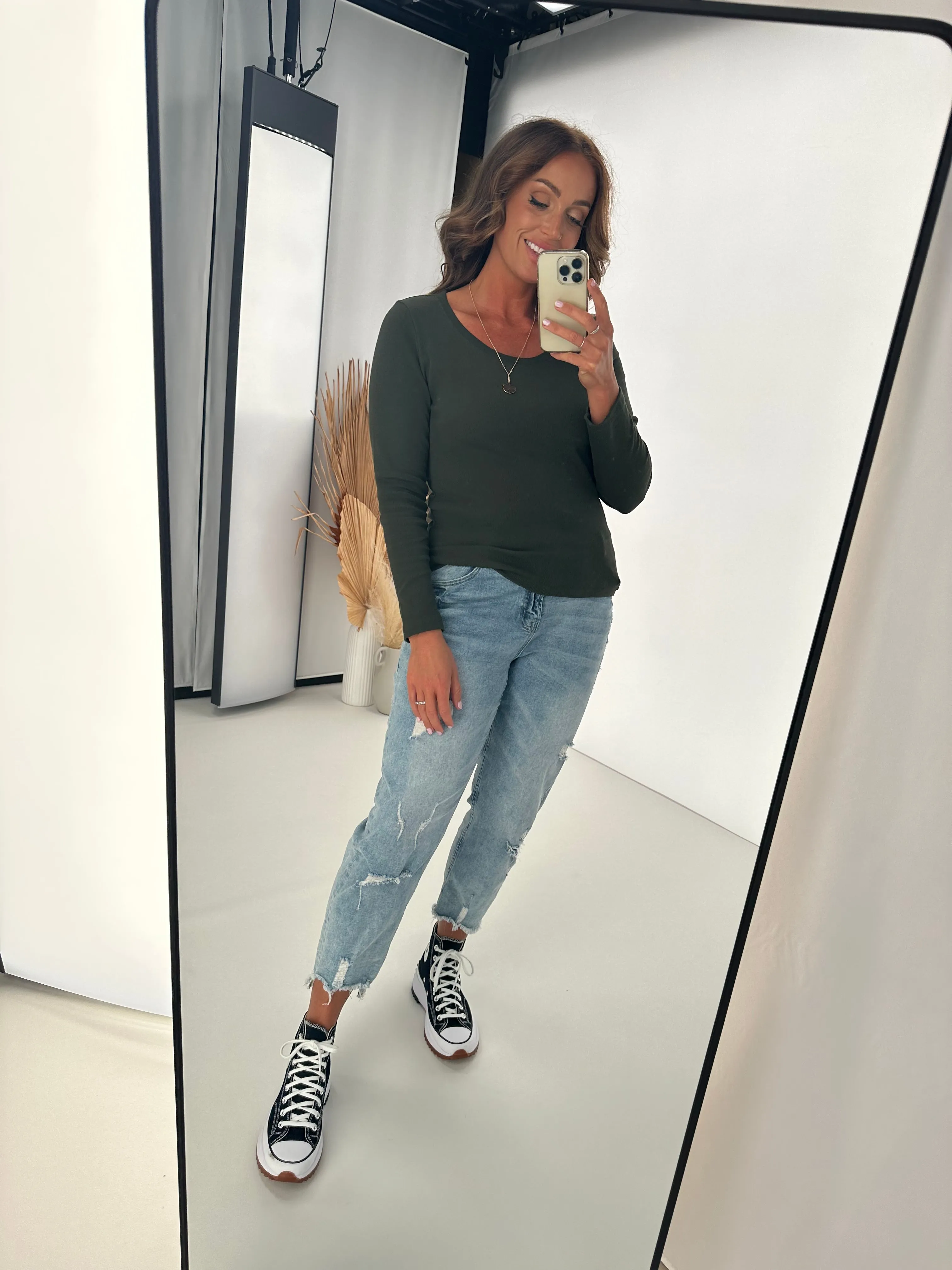 Shine On Label Classic Rib Long Sleeve Top Khaki