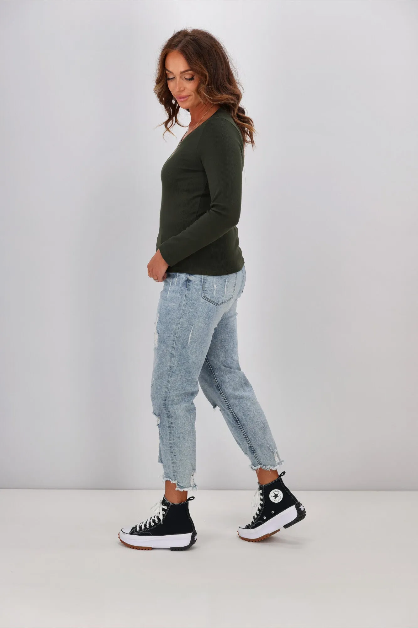 Shine On Label Classic Rib Long Sleeve Top Khaki