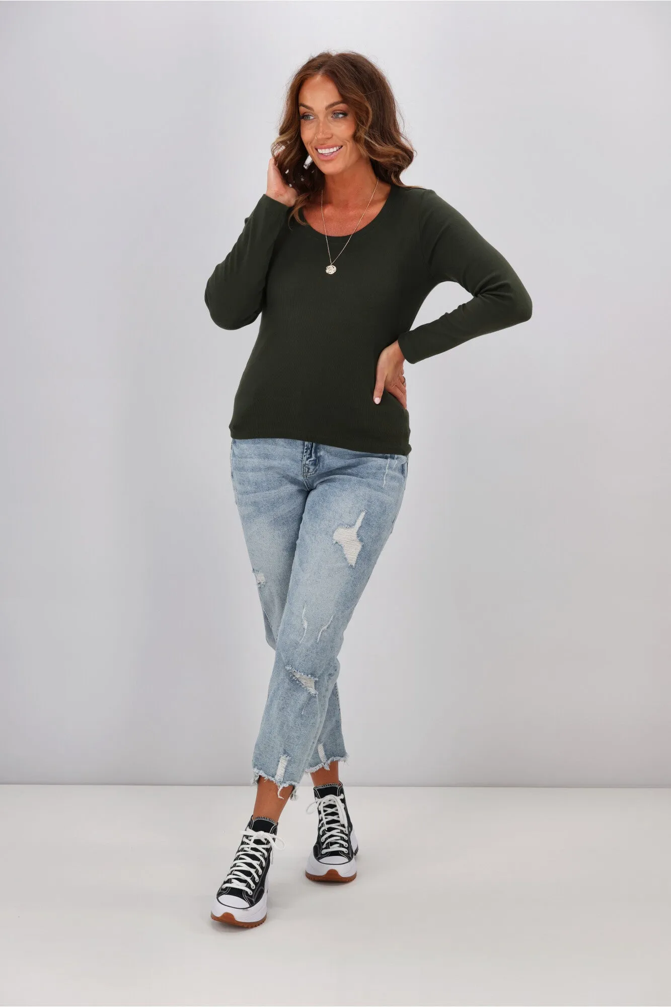 Shine On Label Classic Rib Long Sleeve Top Khaki