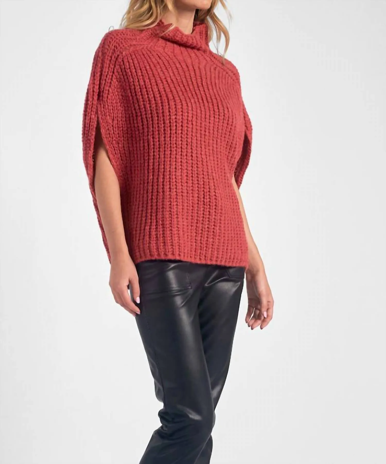 Short Sleeve Turtleneck Sweater In Ruby